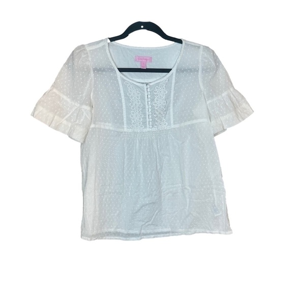 LILLY Pulitzer White Swiss Dot Cotton Embroidered Short Sleeve Blouse Size 0 - Picture 1 of 5